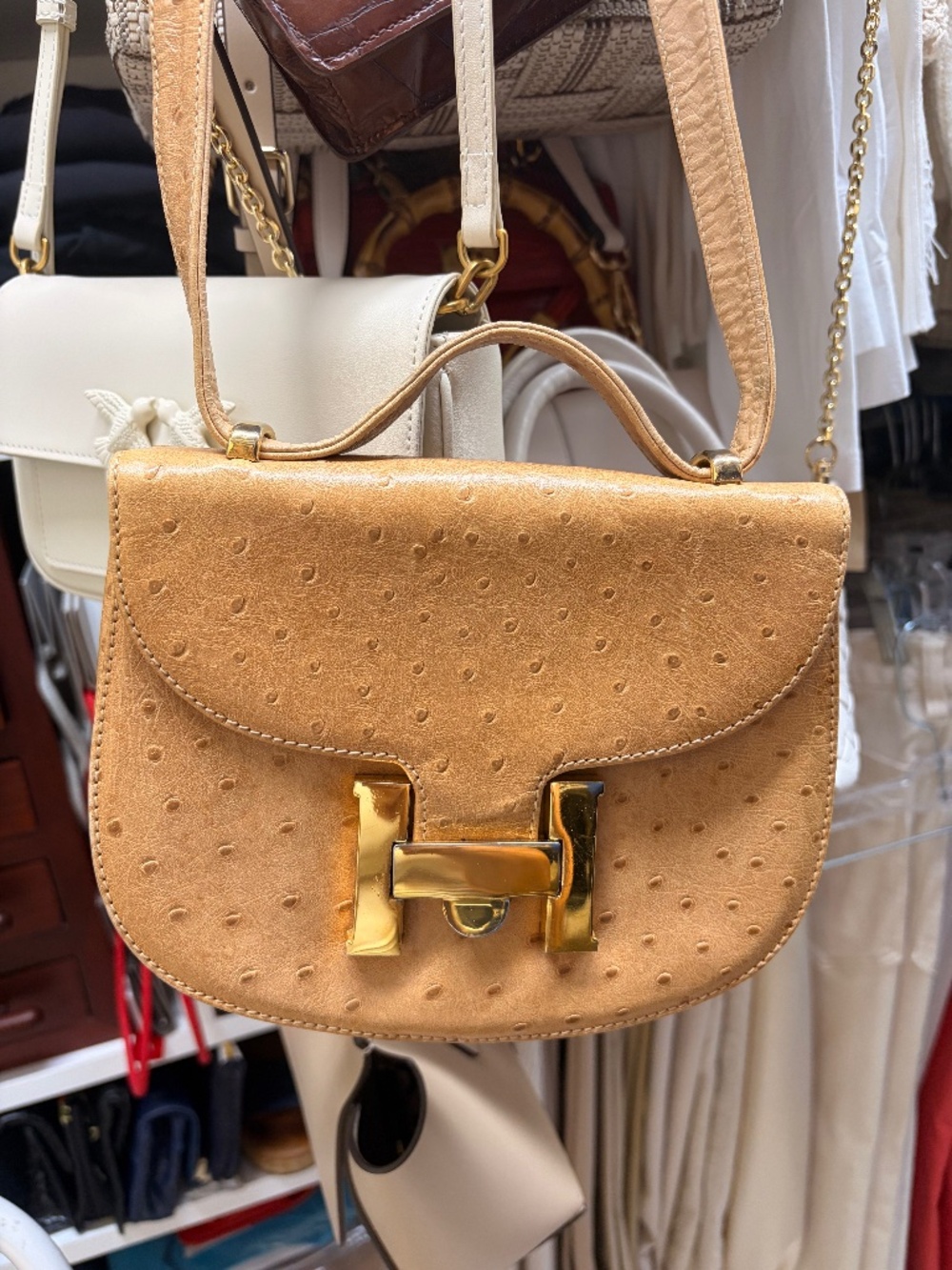 Camel leather/ostrich print crossbody bag